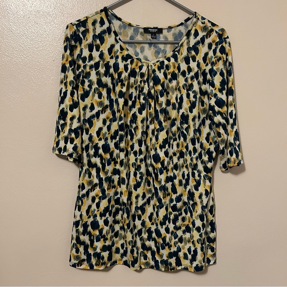 Premise Blue, Black, and Yellow Abstract Print Blouse